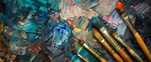 set of accessories for painting with paints and brushes. fine art tools. creative composition in flatley style . top view. copy space.	