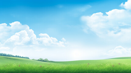 Fototapeta na wymiar Green grass lawn with clouds on blue sky 