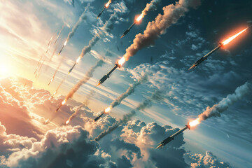 Missiles flying across the sky