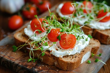 Fototapeta na wymiar Sandwich with cream cheese, microgreens and tomatoes on wooden table