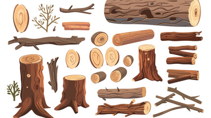 Wood logs and trunks flat picture for web design. Car - obrazy, fototapety, plakaty