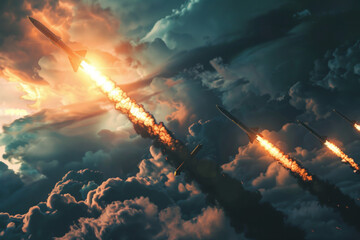 Missiles flying across the sky - obrazy, fototapety, plakaty