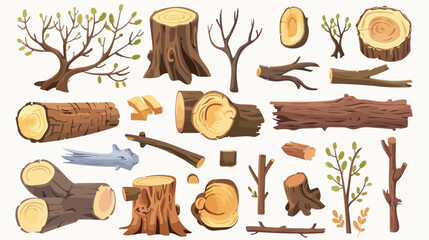 Wood logs and trunks flat picture for web design. Car - obrazy, fototapety, plakaty