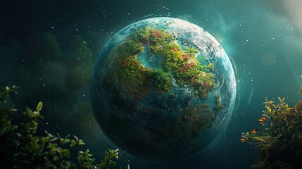 Design a captivating visual representation of a barren planet being transformed into a lush, habitable world through terraforming Highlight contrasting elements of desolation and new life emerging