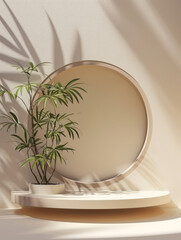 empty beige podium with circle frame background for product presentation, featuring plants and minimalistic geometric elements