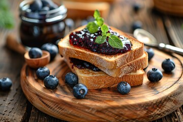 Toast breads with sweet blueberry jam on wooden table