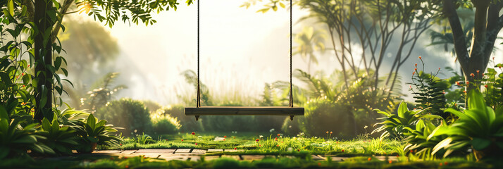 A beautifully tranquil garden scene with a wooden swing hanging from a tree, bathed in the warm morning sunlight