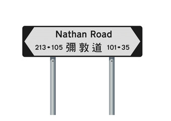 Vector illustration of Nathan Road (Hong Kong) with translation in Chinese on white and black road sign - obrazy, fototapety, plakaty