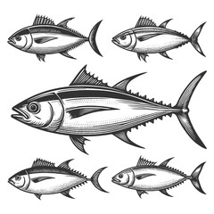 set of tuna fish sketch engraving generative ai raster illustration. Scratch board imitation. Black and white image.