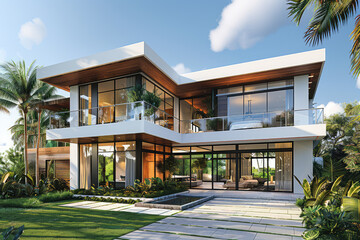 An elegant modern two-story house with large windows, white walls and wood accents, set in the tropical climate of Miami Beach. Created with Ai