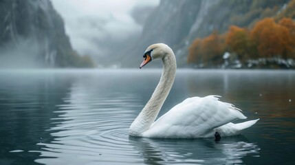 Obraz premium Beautiful white swan stretches on the surface of the water in the lake under the mountain