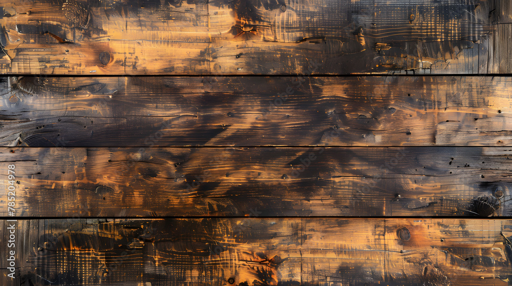 Sticker Distressed wooden texture with black and brown streaks. Close-up photography for background and texture design.