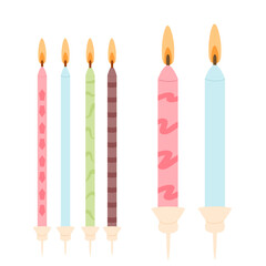 Burning birthday cake candles isolated on white background. Vector hand drawn flat illustration