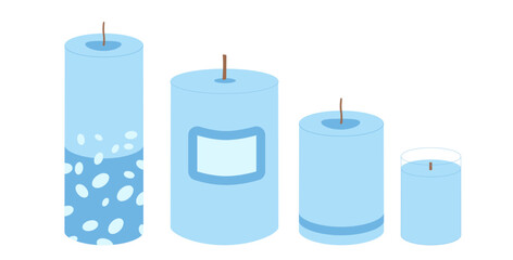 Wax pillar candles set. Handmade blue aromatic candlelight isolated in white background. Hygge time. Aromatherapy and relaxation home decor. Vector handdrawn illustration