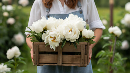 Woman holding a wooden basket with white peony flowers