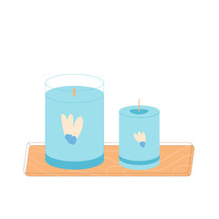 Flowers candles on a wooden stand set. Handmade aromatic candlelight with match isolated in white background. Vector hand drawn illustration