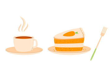 Coffee cup with slice of carrot cake and fork. Sweet bakery piece with hot beverage. Pastry dessert with cream for breakfast. Vector pie and drink illustration isolated on white background.