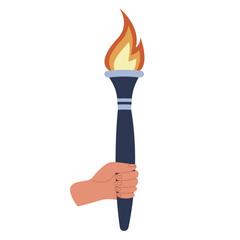 Torches with burning flame in hand isolated on white background. Symbol of sport, games, victory and champion competition holding human arm. Vector flat illustration
