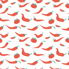 Chili pepper and tomato seamless pattern. Vegetable endless cover. Vector flat illustration.