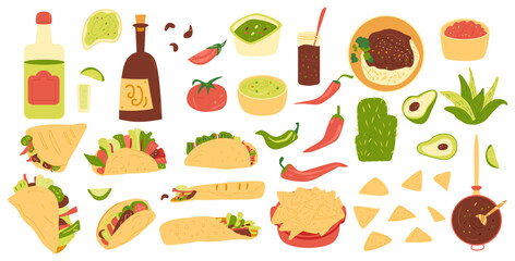 Mexican food set. Sauce salsa, guacamole. Burrito, taco, nacho. Traditional culture cuisine. Vector flat hand drawn illustration isolated.