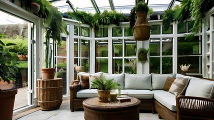  A botanical-inspired conservatory with lush greenery and wicker furniture 