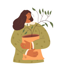 Woman with plant gardening sampling isolated on white background. Horticulture gardener hobby character with tree sampling in canvas bag. Plant lover. National arbor day. Vector illustration.