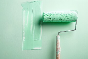 Roller brush with green paint on the wall