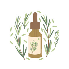 Rosemary essential oil circle emblem isolated on white background. Fresh herb branch with green leaves and rosemary flowers round composition. Vector simple hand drawn illustration.