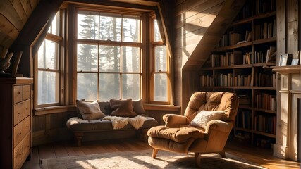A cozy reading nook with sunlight streaming through a window onto a plush armchair - obrazy, fototapety, plakaty