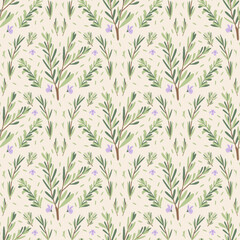 Rosemary herbs branch seamless pattern. Rosemary plant green leaves repeat background. Botanic wildflowers endless cover. Vector hand drawn illustration.