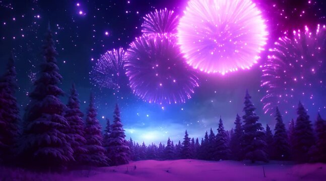 colorful fireworks in winter landscape in night sky