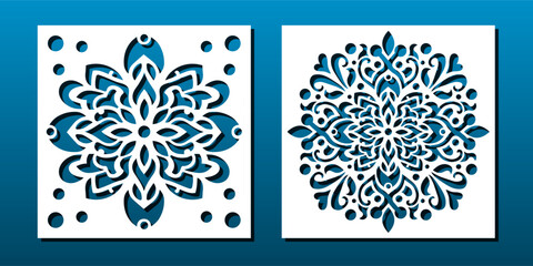 Laser cut panels with floral pattern in asian decorative style. Home decor; room divider; privacy screen; coaster; wall art; card background. Vector illustration