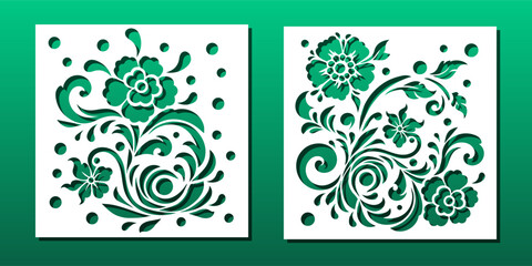 Laser cut panels with floral pattern in oriental decorative style. Home decor; room divider; privacy screen; coaster; wall art; card background. Vector illustration