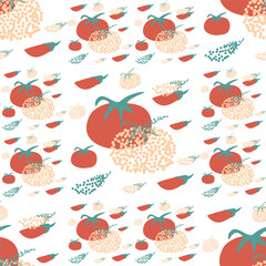 Tomato seamless pattern. Whole red vegetable and slice. Tomatoes repeat background with dots decorations. Stylized simple endless ornament. Vector illustration.