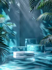 Schilderijen op glas A sleek, modern mockup podium set collection displayed in a vibrant blue tone, surrounded by elegant palm leaves on an abstract background © standret