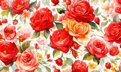Red and yellow roses pattern, watercolor, Generative AI