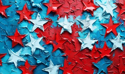 Textured oil stars on oil painted background in red and blue colors, USA flag concept. Template for United States of America national holidays banner.