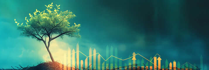 A digitally altered scenery with a tree and rising graphs, symbolizing business growth and environmental economics - obrazy, fototapety, plakaty