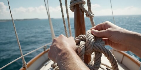 Tying a Knot on a Sailing Boat. Close-up of hands expertly tying a knot on a sailing boat, with ropes and nautical equipment in view. The texture of the rope and the precision of the knot 