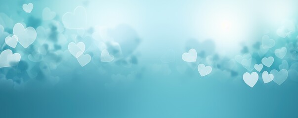 Light cyan background with white hearts, Valentine's Day banner with space for copy, cyan gradient, softly focused edges, blurred