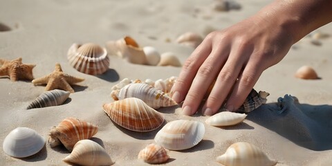 Hands Collecting Sea Shells on the Beach.  A detailed close-up of hands collecting sea shells on the sandy beach. The shells are varied in color and shape, showcasing the diversity of marine life.