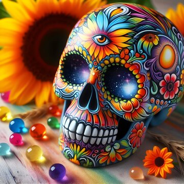 Magical skull painted with rainbow colors.