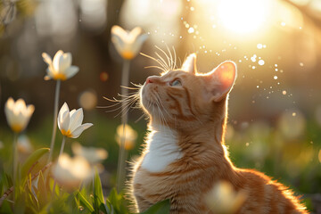 Cat pet on a sunny day in nature against a background of flowers - obrazy, fototapety, plakaty