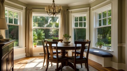 A sunlit breakfast nook with a bay window overlooking a garden --ar 3spac16:9