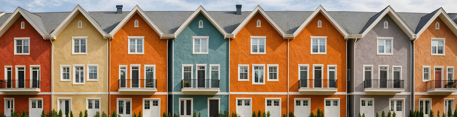 A row of multi - colored townhouses in Toronto, Canada. Old colorful houses.