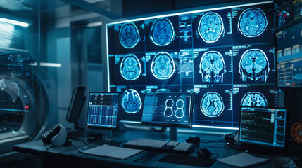 Advanced medical imaging technology in neon blue showcasing a series of brain MRI scans - obrazy, fototapety, plakaty