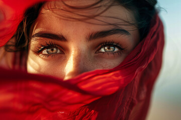 Close up of woman's eyes veiled with red scarf