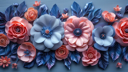  3D background, flowers in relief on the wall, roses and daisies, colored with orange, pink, white and blue colors, high resolution. Created with Ai