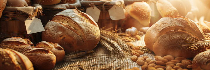 Image highlights a beautiful bakery setup with sunlit artisan breads adorned with labels on a rustic backdrop