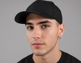 Plain Black Baseball Cap on a Person.  A close-up of a plain black baseball cap worn by a person, focusing on the cap's front panel. The person's face is not in the frame